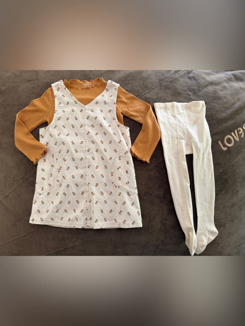 Carter's White Floral Pinafore Dress (pockets) with Mustard Top and White Tights